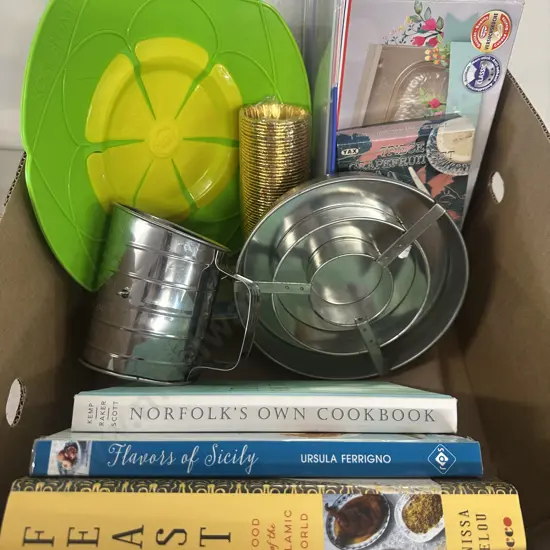 Selection Of Recipe Books & Bake Ware Items Box Of