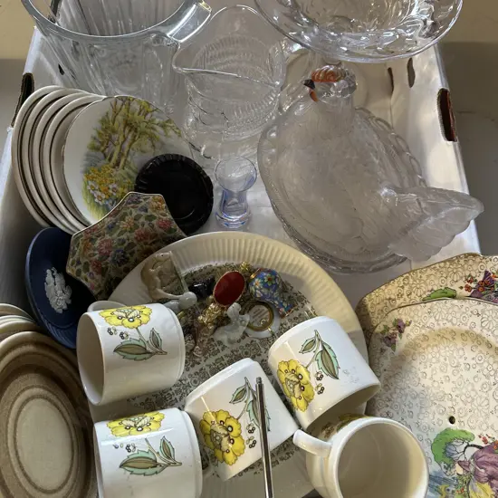 Box Lot Including Vintage Glass Ware, Crockery, Ornaments Etc