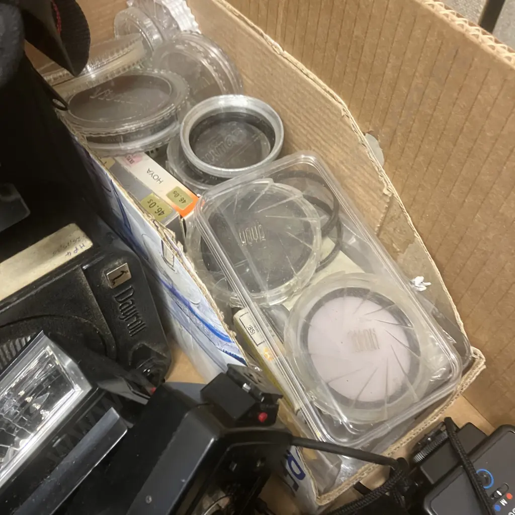 Box Lot Assorted Lenses, Filters, Flash Units, Camera Bag Etc Image 1++