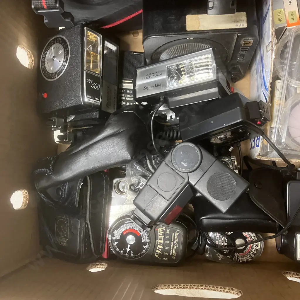 Box Lot Assorted Lenses, Filters, Flash Units, Camera Bag Etc Image 1++