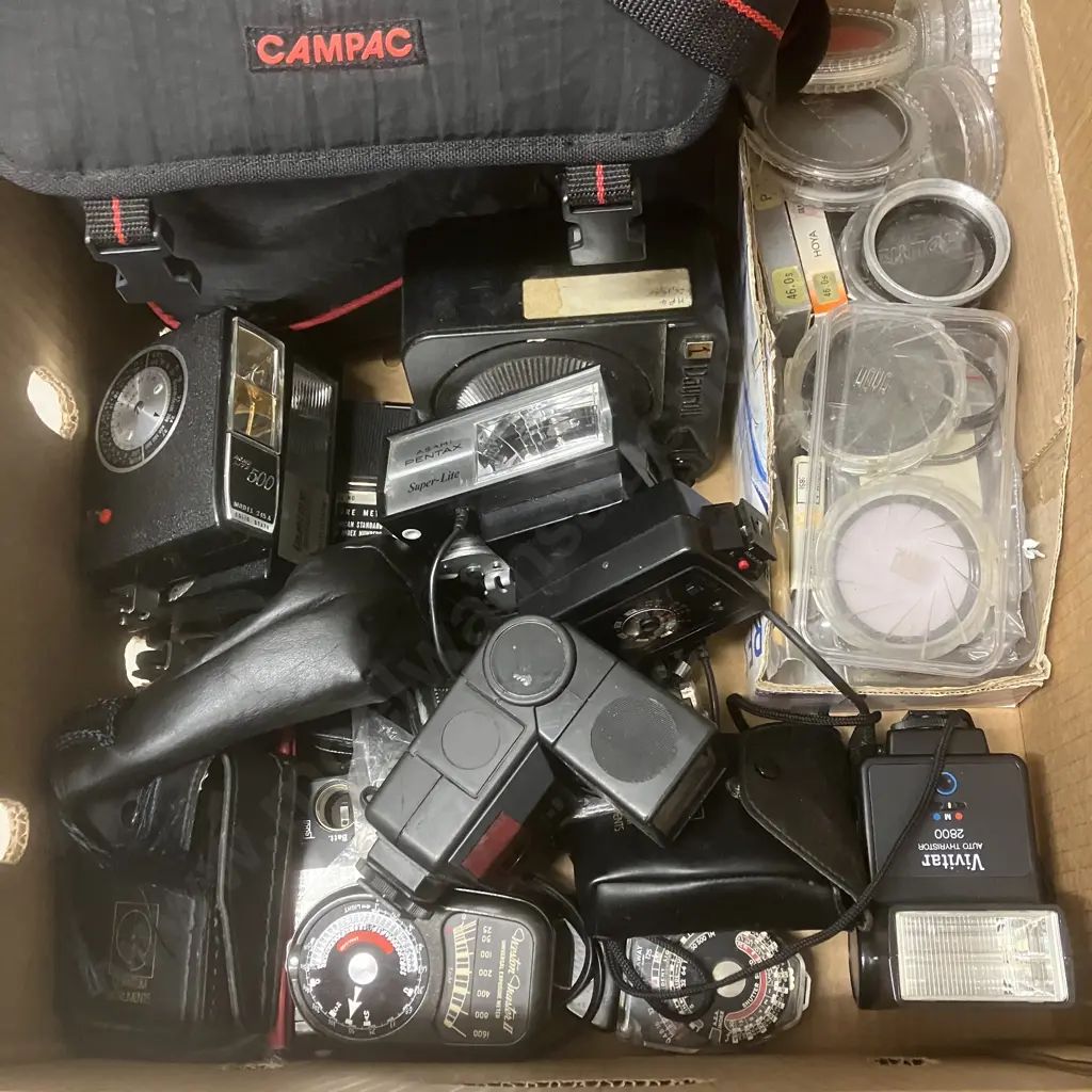 Box Lot Assorted Lenses, Filters, Flash Units, Camera Bag Etc Image 1++