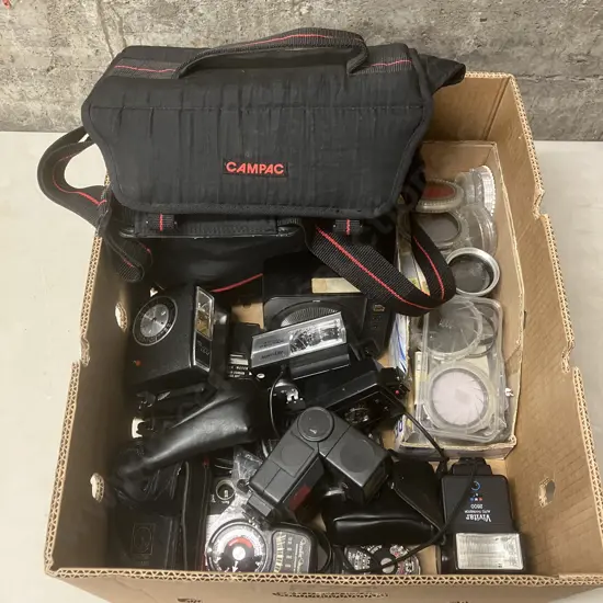 Box Lot Assorted Lenses, Filters, Flash Units, Camera Bag Etc