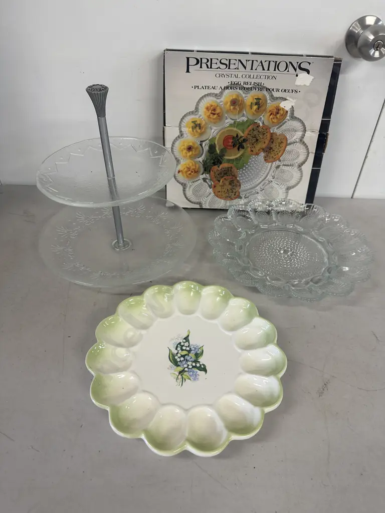 Two Tier Glass Cake Stand & Devilled Eggs Platter Image 1++
