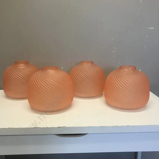 Four Art Deco Peach Salmon Ribbed Glass Vases. 20 x 22cm (As Found)