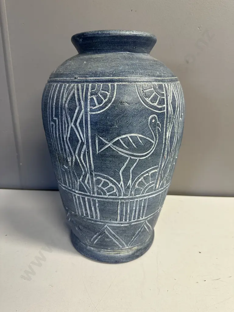 Blue  Pottery Vase Etched Abstract Design H38cm. Image 1++