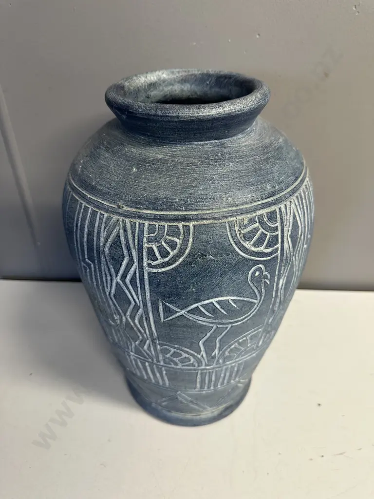Blue  Pottery Vase Etched Abstract Design H38cm. Image 1++
