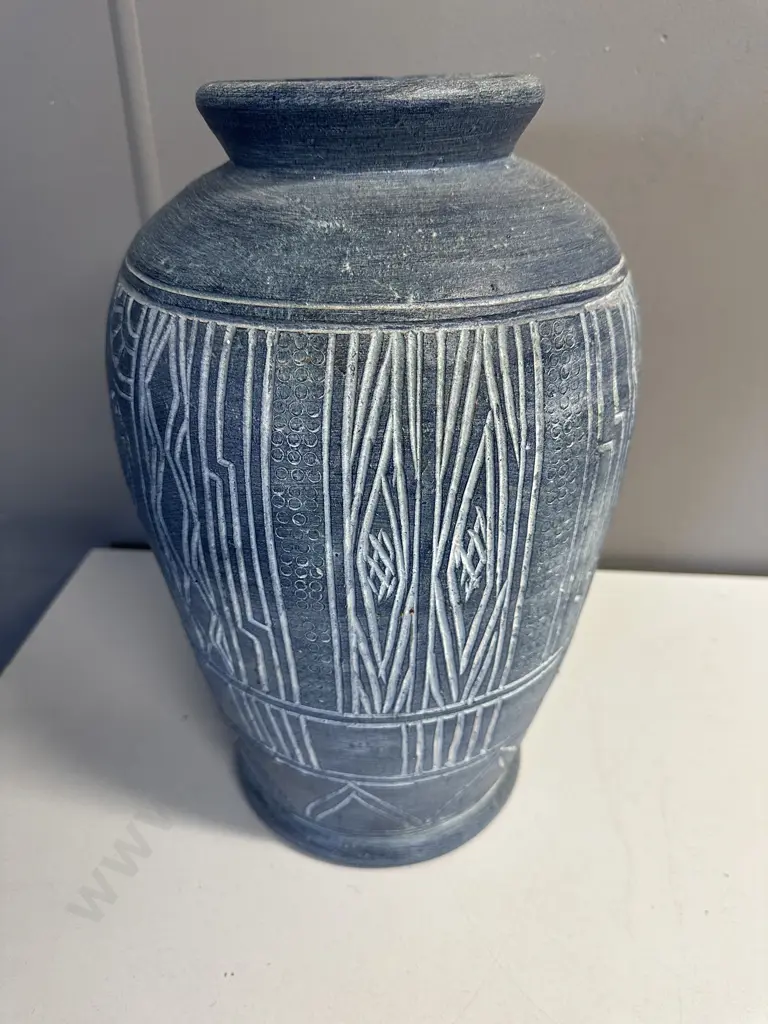 Blue  Pottery Vase Etched Abstract Design H38cm. Image 1++