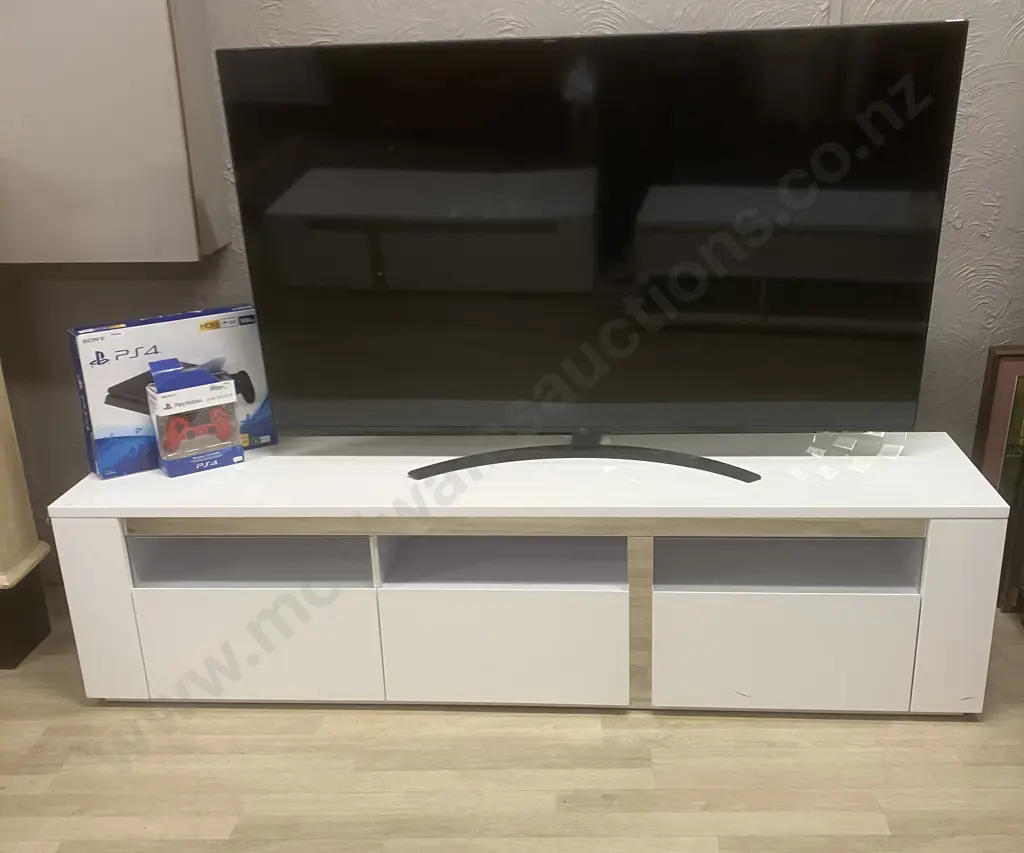 Senti TV Unit by Insato Furniture - White Gloss With Mirror Accents, 3 Drawers (2 With Glass). H51 W200 D48cm Image 1++