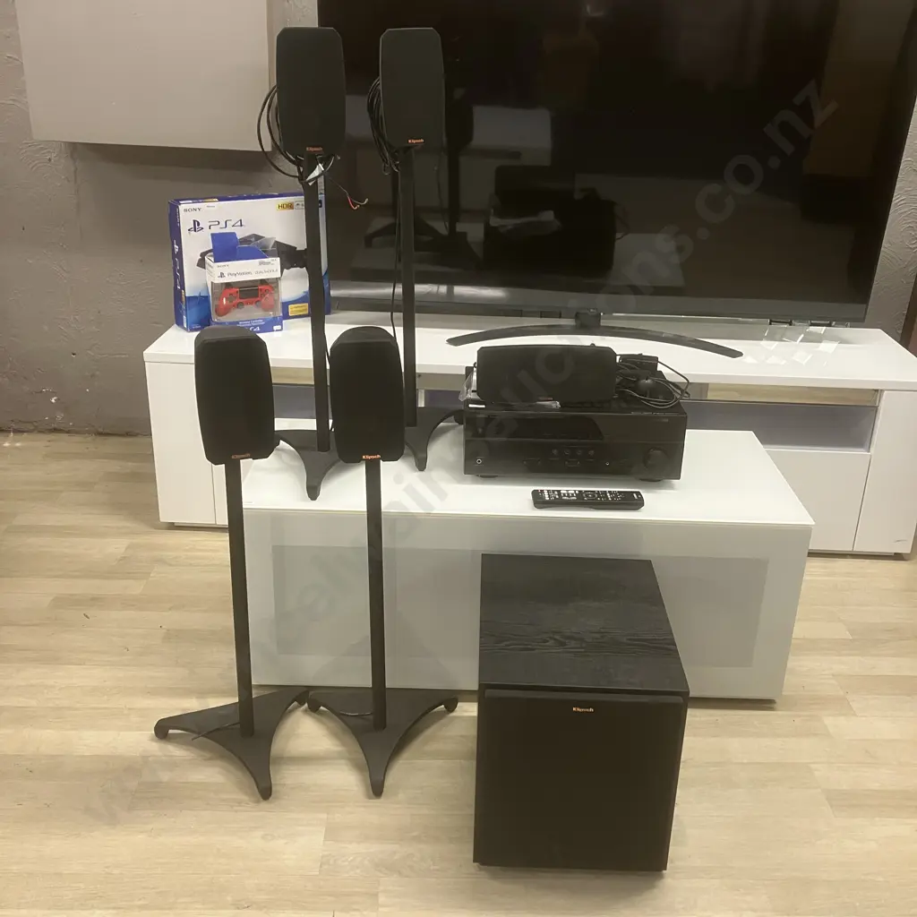 Yamaha RX-V385 5.1 Channel AV Receiver With Klipsch Reference Theater Pack 5.0 & Klipsch R-100SW Subwoofer Image 1++