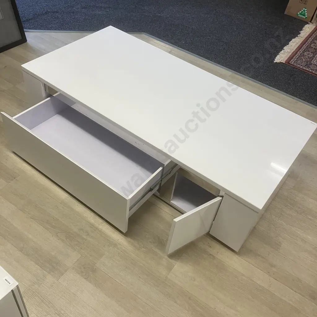 Senti Large Coffee Table by Insato Furniture - White Gloss With Mirror Accents, Single Door & Drawer. H36 W140 D70cm Image 1++