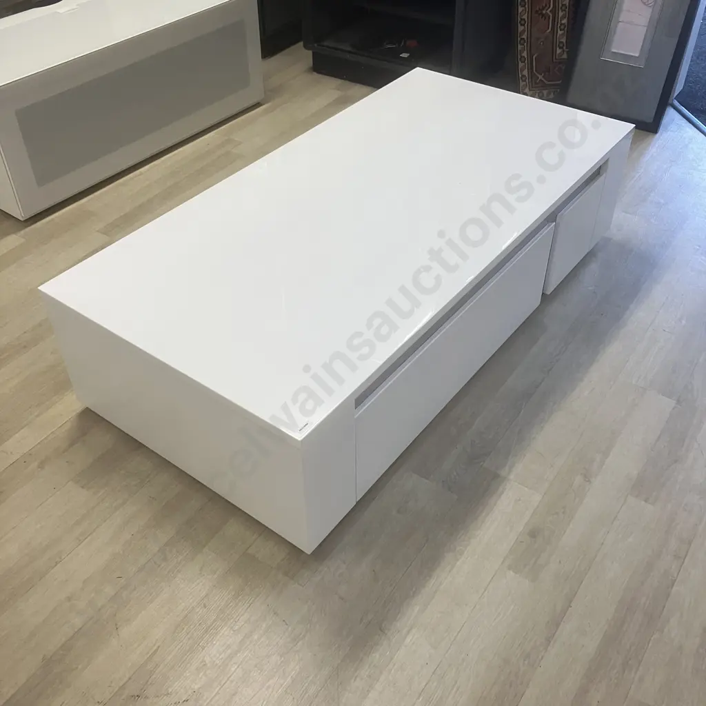 Senti Large Coffee Table by Insato Furniture - White Gloss With Mirror Accents, Single Door & Drawer. H36 W140 D70cm Image 1++