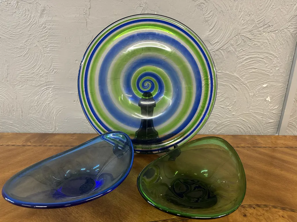 Murano Style Blue & Green Swirl Cane Art Glass Bowl With Colbalt Blue & Green Art Glass Wavy Bowls Image 1++