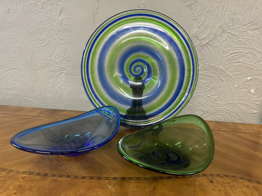 Murano Style Blue & Green Swirl Cane Art Glass Bowl With Colbalt Blue & Green Art Glass Wavy Bowls Image 1++