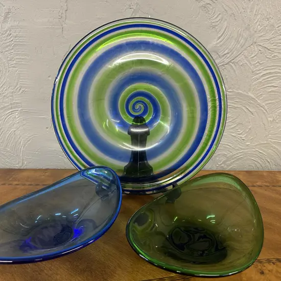 Murano Style Blue & Green Swirl Cane Art Glass Bowl With Colbalt Blue & Green Art Glass Wavy Bowls