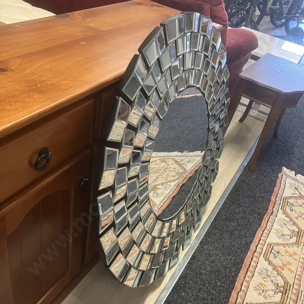 Round Glass Art 100cm Wall Mirror - Framed With Offset Mosaic Glass Panels Ex Harvey Norman Image 1++