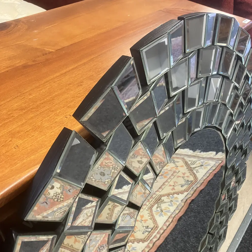 Round Glass Art 100cm Wall Mirror - Framed With Offset Mosaic Glass Panels Ex Harvey Norman Image 1++