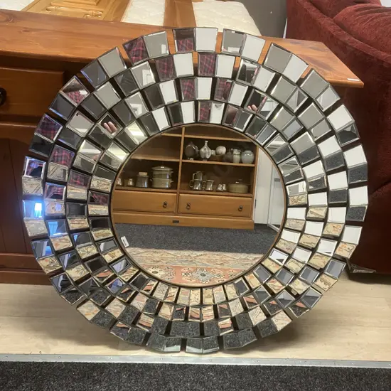 Round Glass Art 100cm Wall Mirror - Framed With Offset Mosaic Glass Panels Ex Harvey Norman