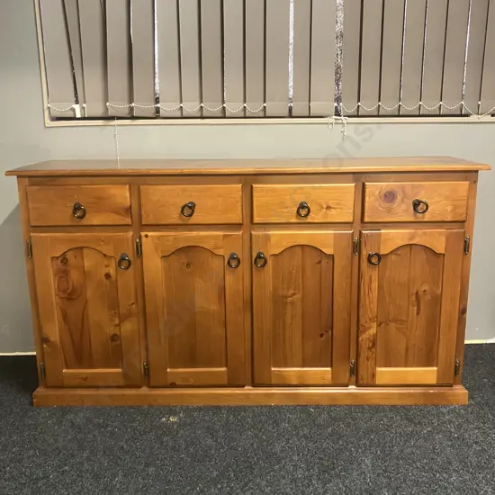 Pine Buffet, 4 Drawer, 4 Door, Black Steel Ring Handles. H87 W158.5 D40cm