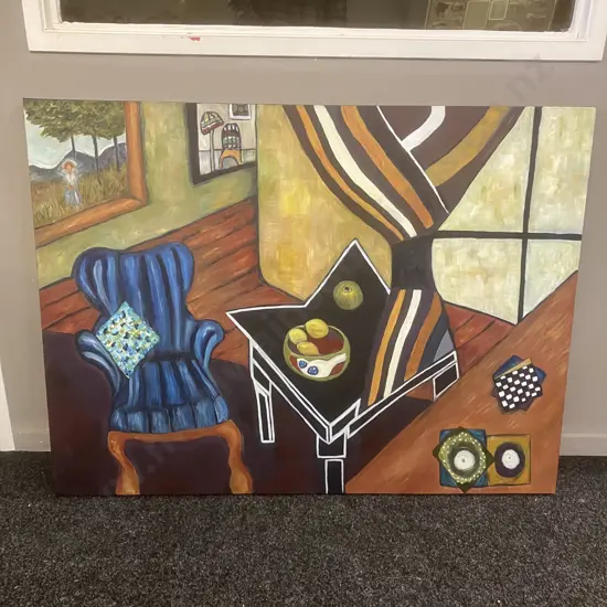 Large Painting On Canvas Interior Scene In Cubist Style. 92 x 122cm