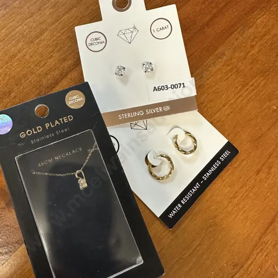 Heart Shaped Pendant With Clear Stone, 2 Pair of Earrings & Necklace With Pendant