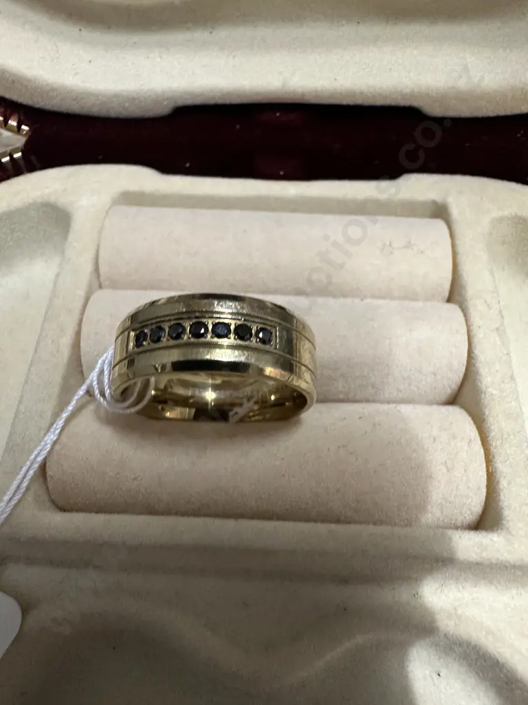 Gold Coloured Ring Stamped Stainless Steel With Black Stones Image 1++