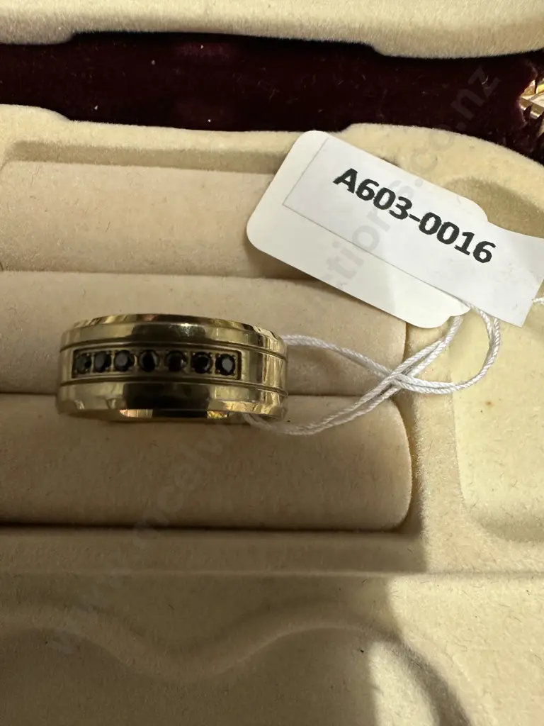 Gold Coloured Ring Stamped Stainless Steel With Black Stones Image 1++
