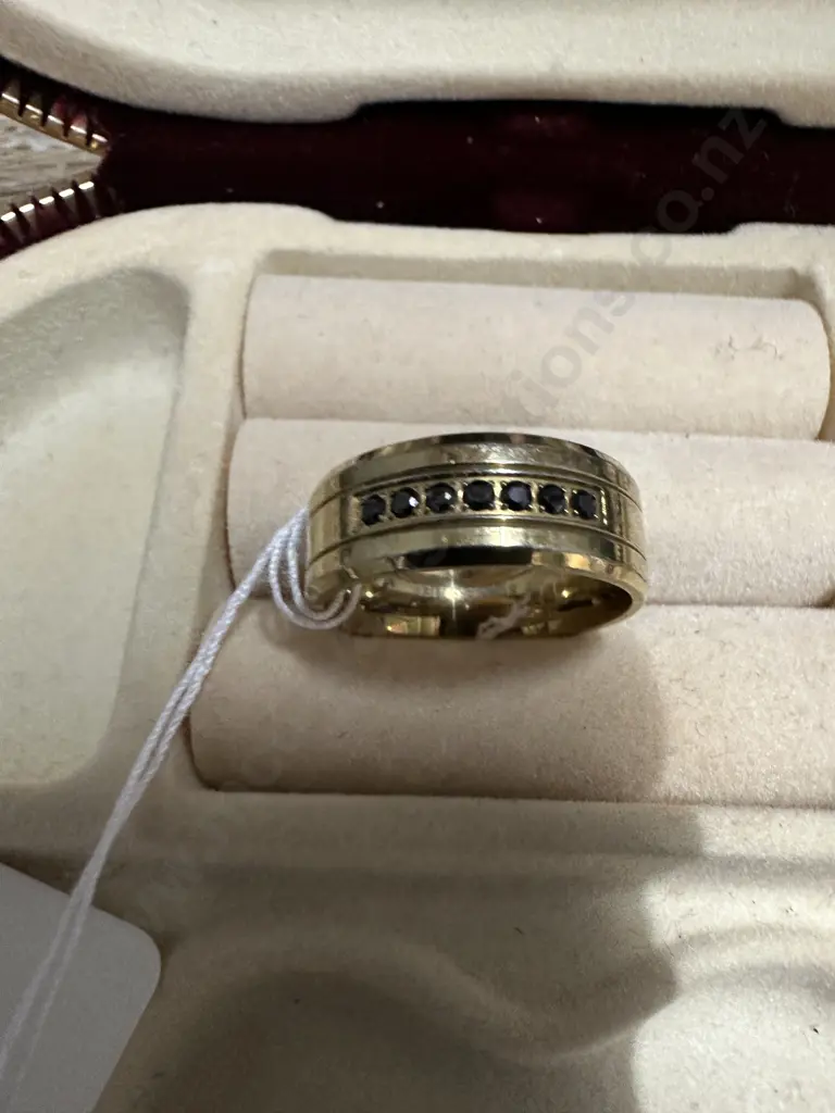 Gold Coloured Ring Stamped Stainless Steel With Black Stones Image 1++
