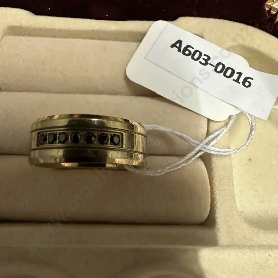 Gold Coloured Ring Stamped Stainless Steel With Black Stones