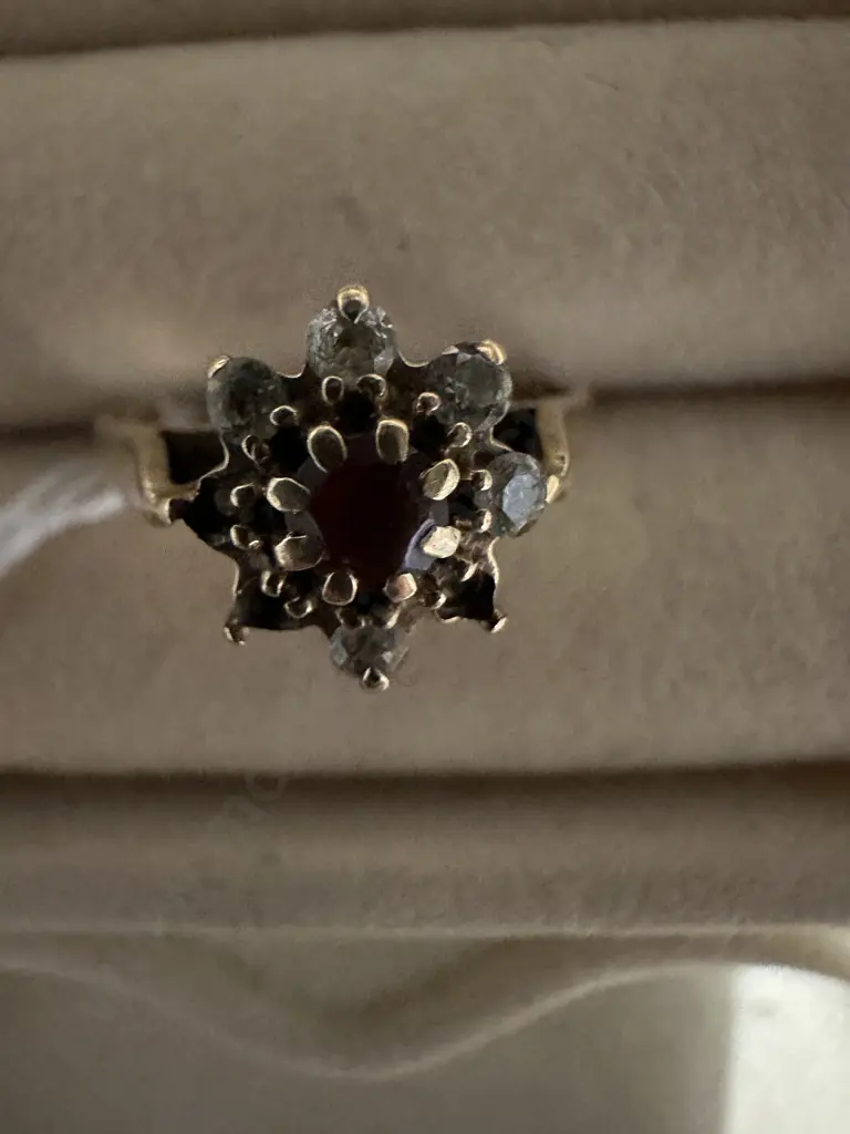 Gold Ring Stamped 9ct CZ With Clear & Red Stones (Damaged) Image 1++