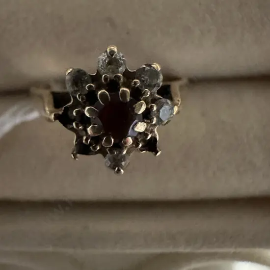 Gold Ring Stamped 9ct CZ With Clear & Red Stones (Damaged)