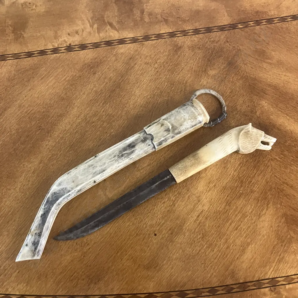 Vintage Lappland Finnish Puukko Knife With Reindeer Antler Wolf Head Handle & Sheath Image 1++