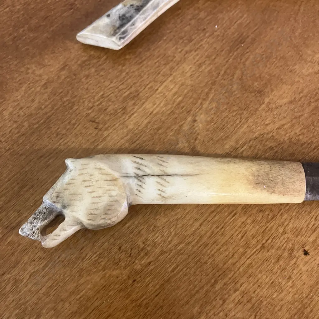 Vintage Lappland Finnish Puukko Knife With Reindeer Antler Wolf Head Handle & Sheath Image 1++