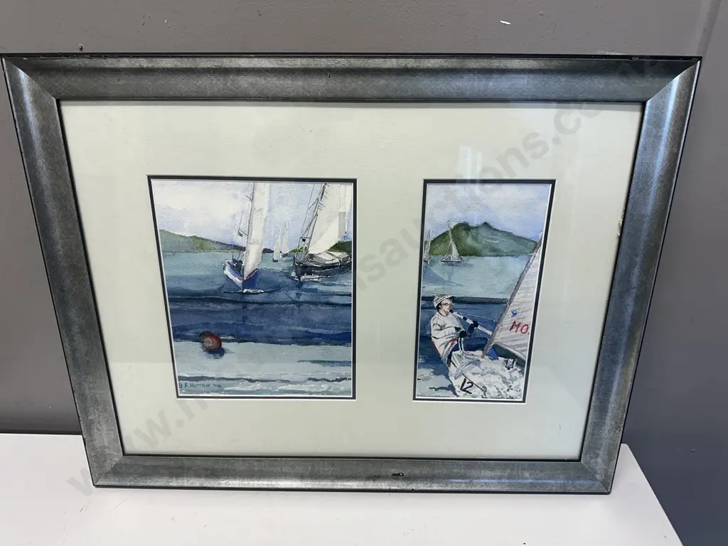 Framed Watercolour Painting Boats In Harbour By B.Hutton 06 Image 1++