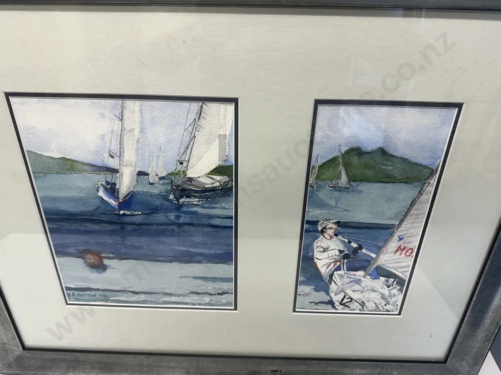 Framed Watercolour Painting Boats In Harbour By B.Hutton 06 Image 1++