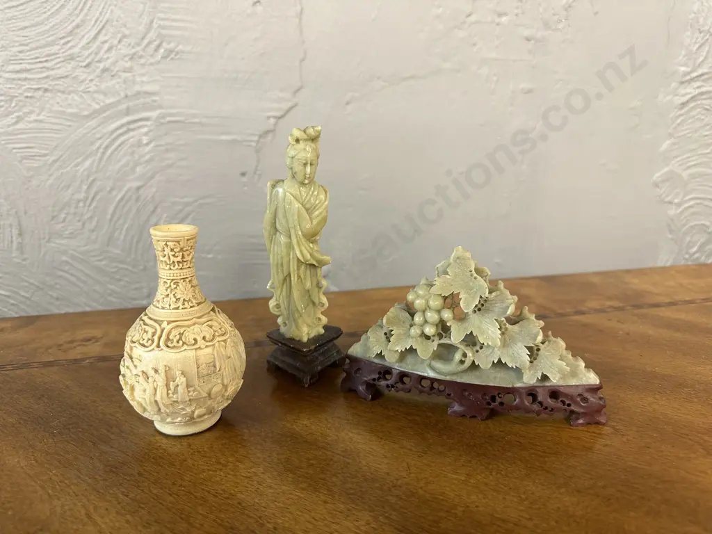 Vintage Hand Carved Chinese Soap Stone Sculptures & Chinese Carved Resin Vase Image 1++