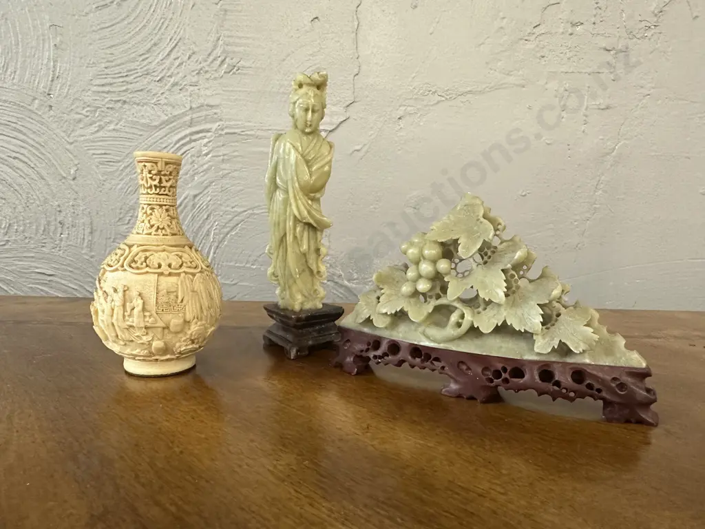 Vintage Hand Carved Chinese Soap Stone Sculptures & Chinese Carved Resin Vase Image 1++