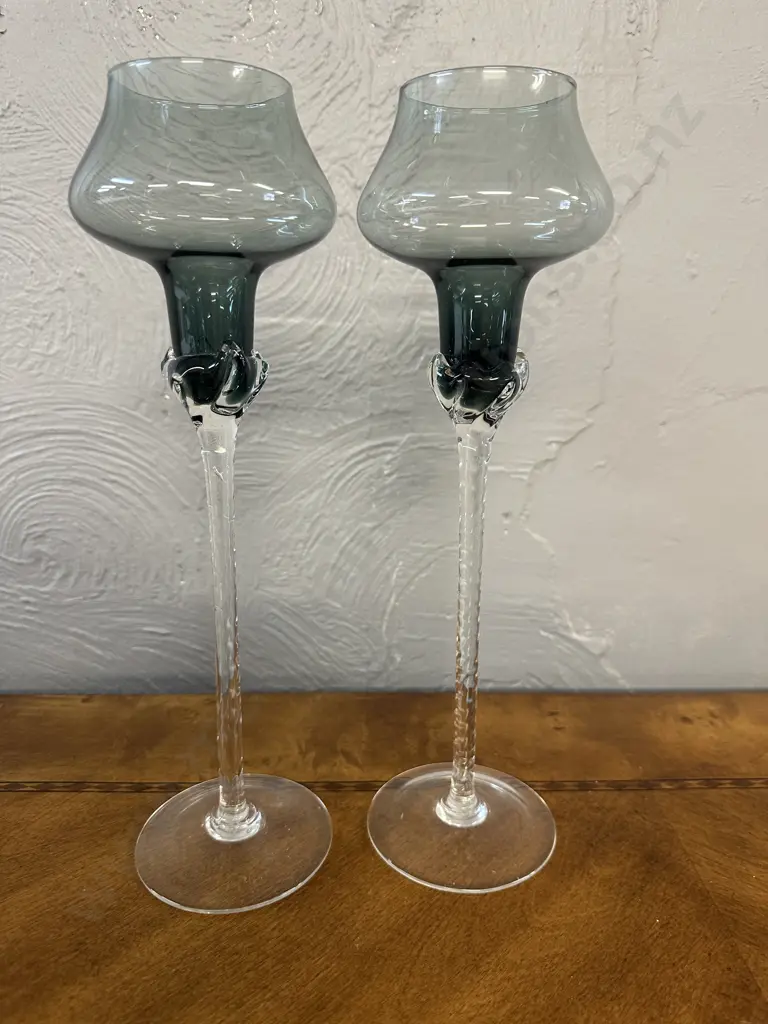 Pair Of Vintage Glass Candle Holders Grey Colour With Decorative Knot Like Feature H32cm. Image 1++