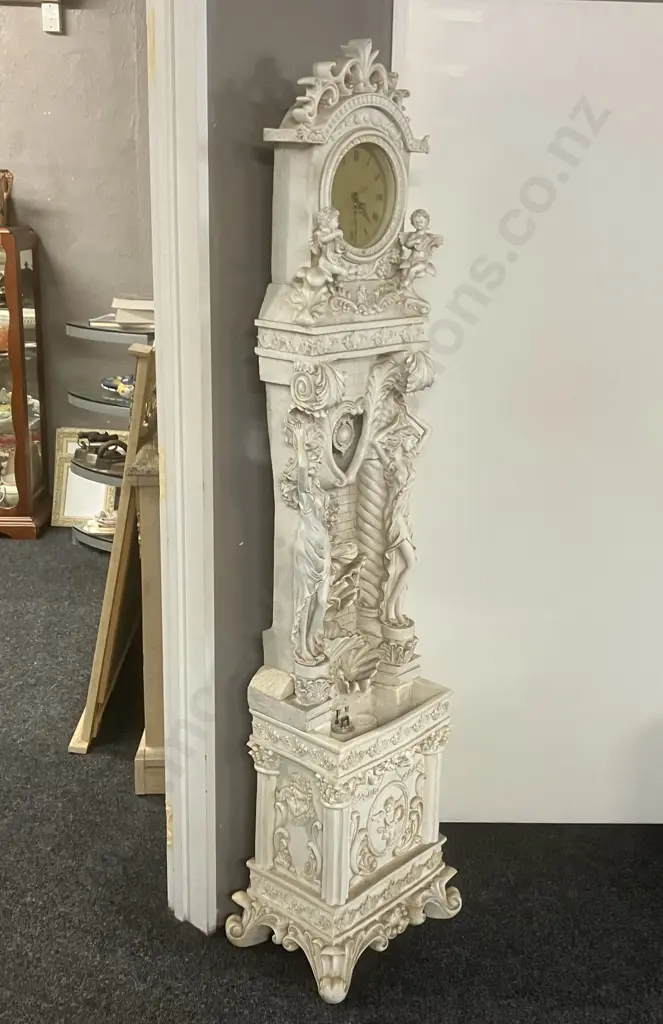Rococo-style Grandfather Clock Featuring Cherubs & Waterfall Ornamentation, Battery Operated Clock & Pendulum. H187cm Image 1++