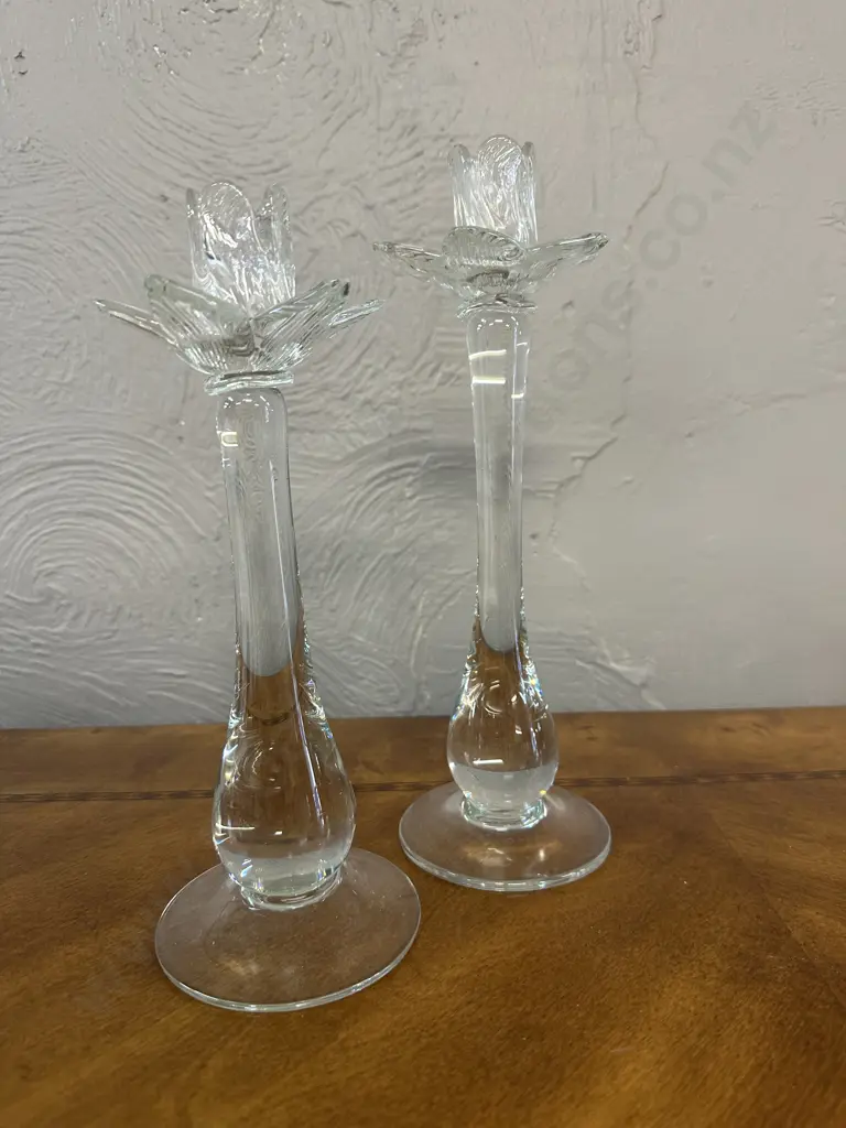 Pair Of Clear Glass Lotus Flower Candle Stick Holders H26cm & H 29cm. Image 1++