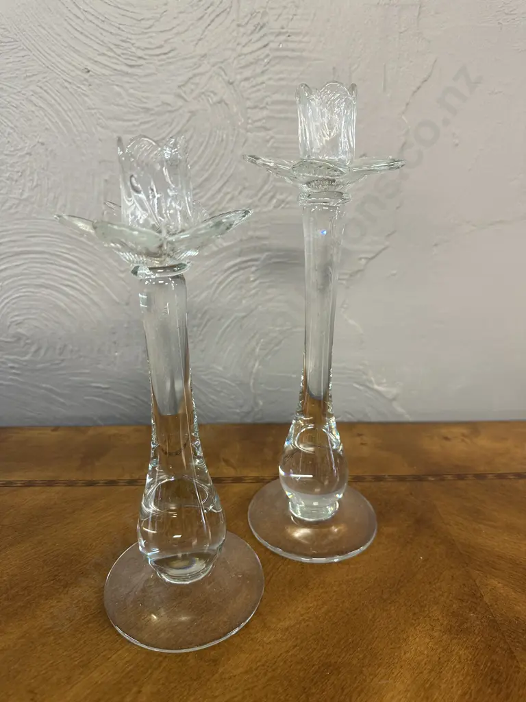 Pair Of Clear Glass Lotus Flower Candle Stick Holders H26cm & H 29cm. Image 1++