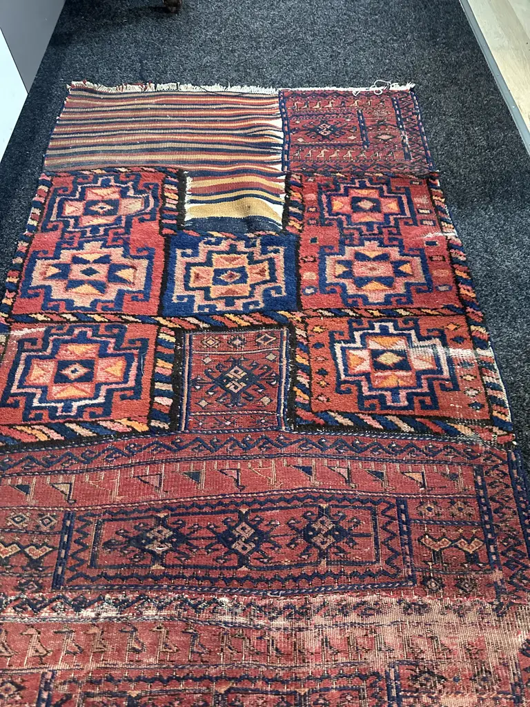 Floor Runner Red/Navy/Cream Patchwork Detail L273,W100cm. Image 1++