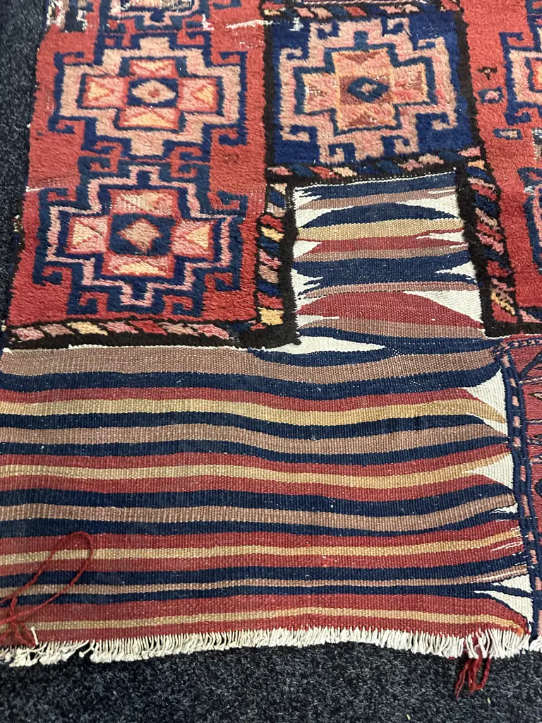 Floor Runner Red/Navy/Cream Patchwork Detail L273,W100cm. Image 1++