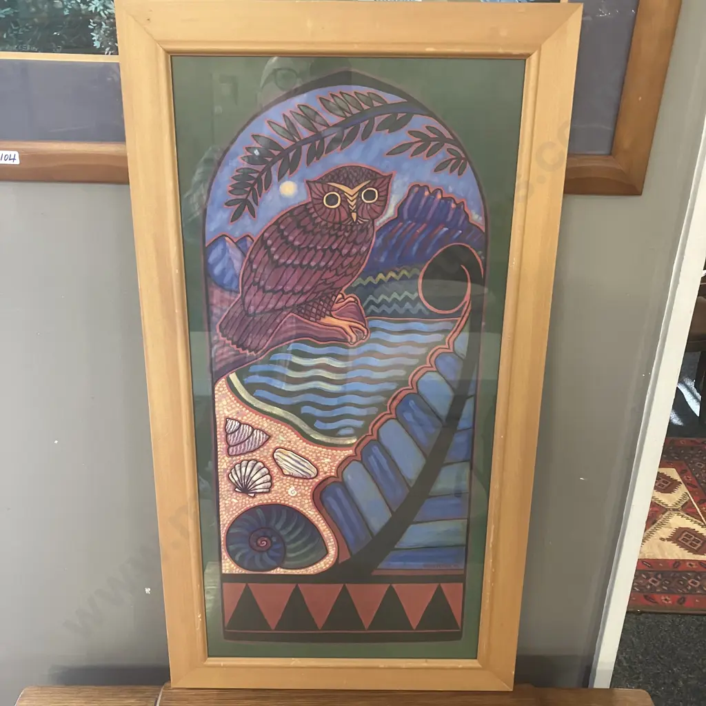 Numbered & Signed 'Morepork With Castle Rock' Print By Kaye Herrick 488/500. 83 x 45cm Image 1++