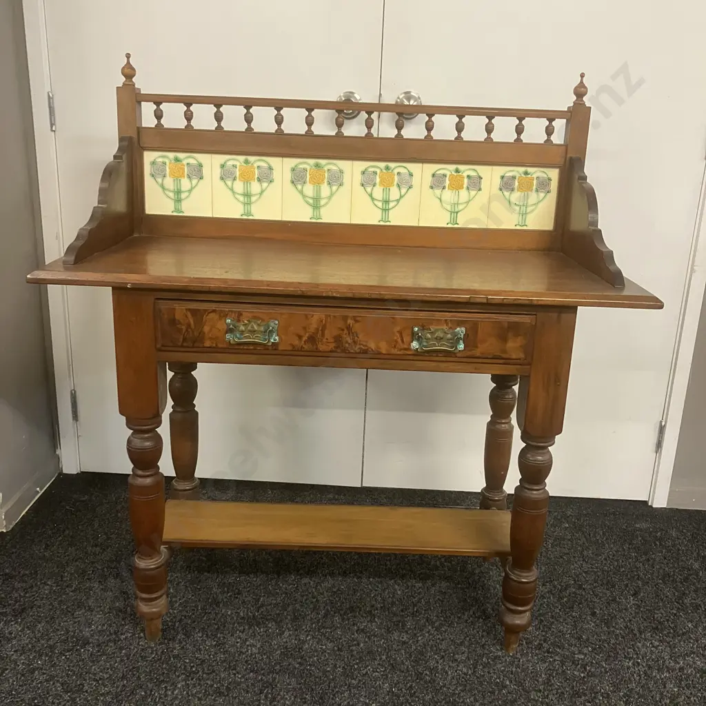Victorian Antique Wooden Wash Stand With Ceramic Art Nouveau Tiles, Walnut Detailing. H113 W108 D47cm Image 1++