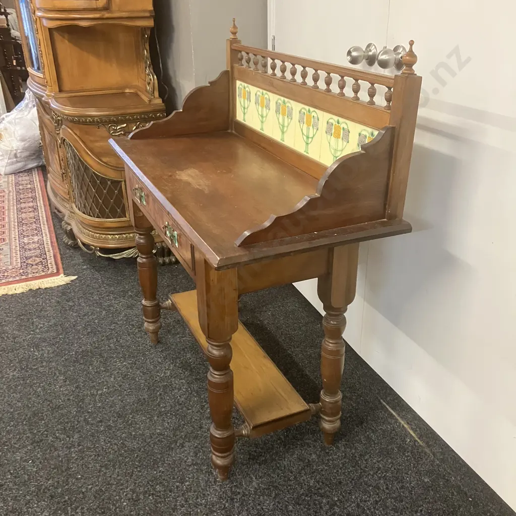 Victorian Antique Wooden Wash Stand With Ceramic Art Nouveau Tiles, Walnut Detailing. H113 W108 D47cm Image 1++