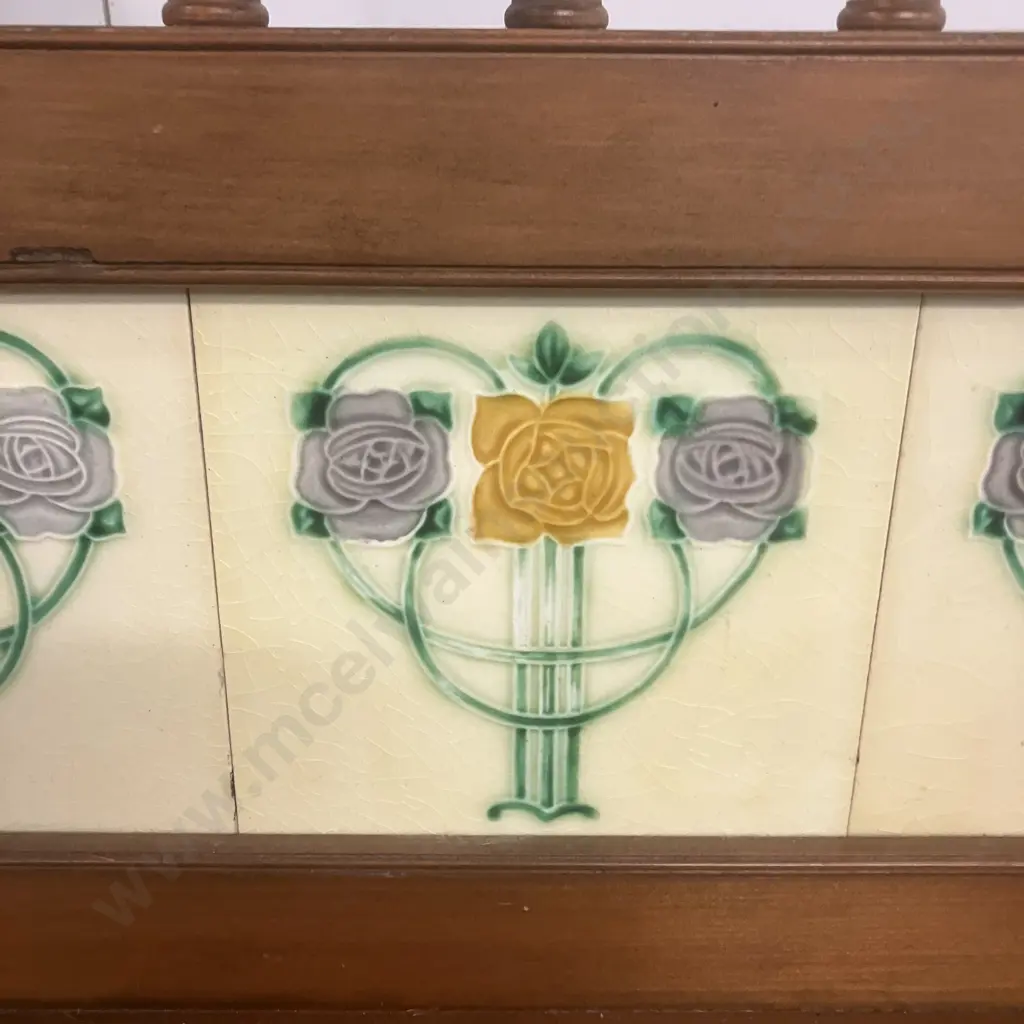 Victorian Antique Wooden Wash Stand With Ceramic Art Nouveau Tiles, Walnut Detailing. H113 W108 D47cm Image 1++