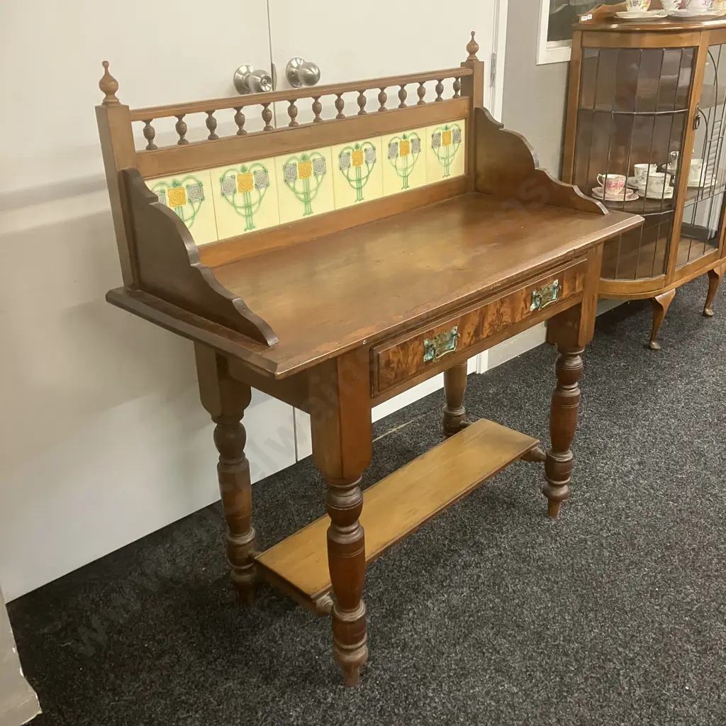 Victorian Antique Wooden Wash Stand With Ceramic Art Nouveau Tiles, Walnut Detailing. H113 W108 D47cm Image 1++
