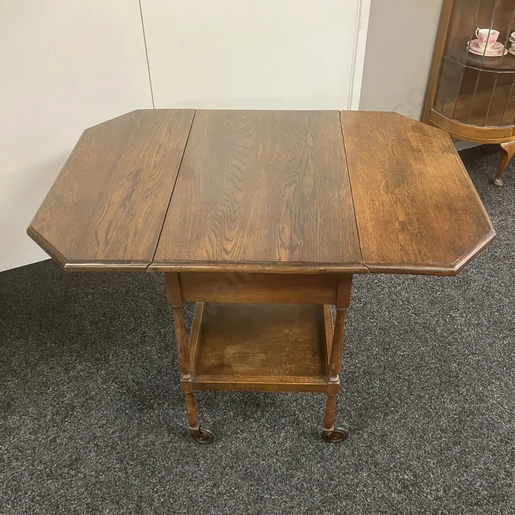 Art Deco Oak Drop Leaf Trolley Table, Single Drawer. H67 W71 D45 - Image 1++