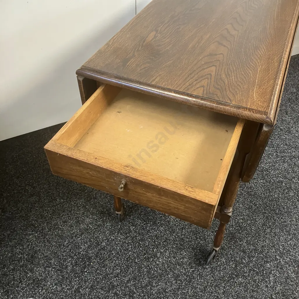 Art Deco Oak Drop Leaf Trolley Table, Single Drawer. H67 W71 D45 - Image 1++