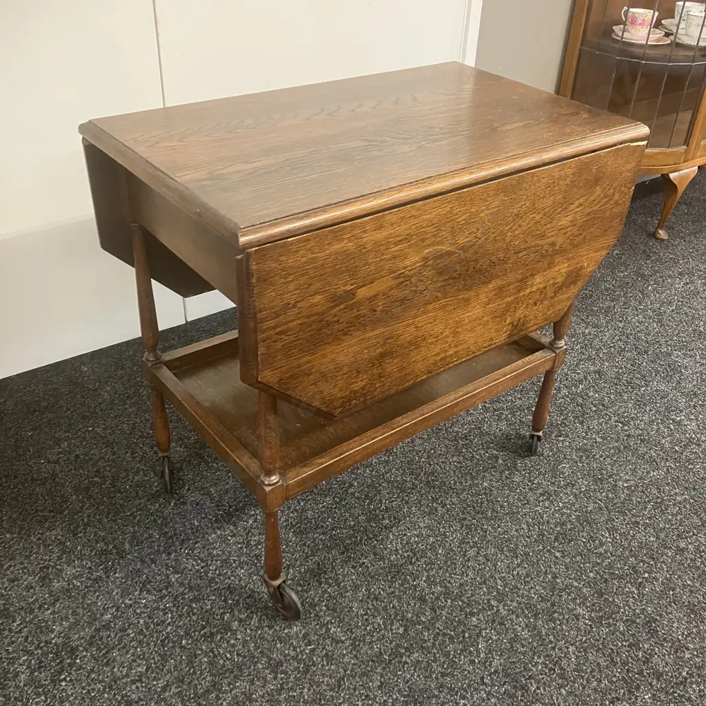 Art Deco Oak Drop Leaf Trolley Table, Single Drawer. H67 W71 D45 - Image 1++